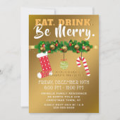 Eat Drink is Merry Festive Gold Holiday Party Kaart (Voorkant)