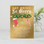 Eat Drink is Merry Festive Gold Holiday Party Kaart (Staand voorkant)