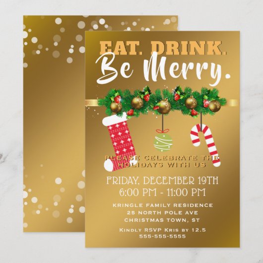 Eat Drink is Merry Festive Gold Holiday Party Kaart (Voorkant / Achterkant)