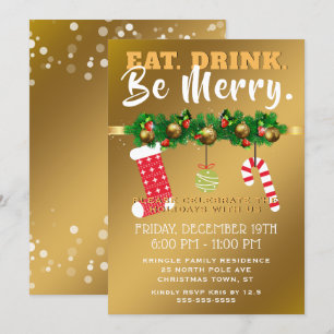 Eat Drink is Merry Festive Gold Holiday Party Kaart