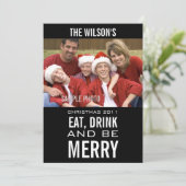 EAT-DRINK IS MERRY FOTO CHRISTMAS CARD BLACK FEESTDAGENKAART (Staand voorkant)