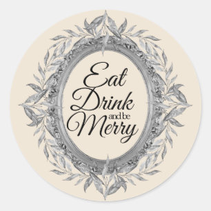 Eat Drink is Merry Holiday Silvery Leaves Wreator Ronde Sticker