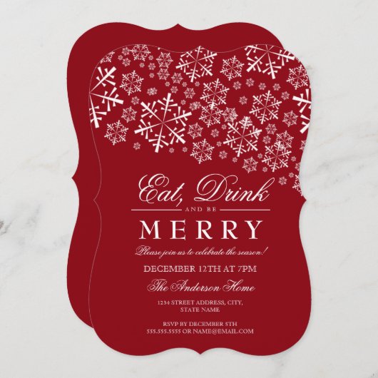 Eat-Drink is Merry Snowflake Red Kerstparty Kaart (Voorkant / Achterkant)