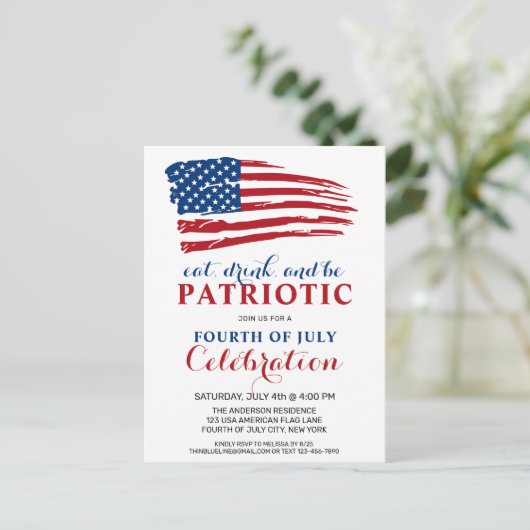 Eat Drink is patriottisch VS vlag 4e juli Uitnodiging Briefkaart (Staand voorkant)