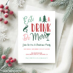 Eat Drink is prettige kerstfeestdag Kaart<br><div class="desc">Eat,  Drink & Be Merry Christmas feestuitnodiging heeft leuke typografie met kerstboom,  snoepriet en cocktailglas. De achterkant is een feestelijk vakantieboompatroon in de tinten rood,  groen en roze. Kunst van KL Stock.</div>