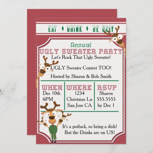 EAT-DRINK IS UGLY Red UGLY Sweater Kerstparty Kaart (Voorkant / Achterkant)