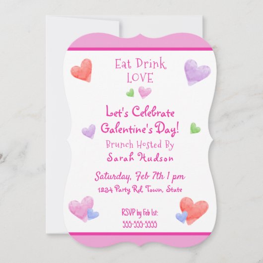 EAT DRINK LOVE Galentines Fun Watercolor Hearts Kaart (Voorkant)
