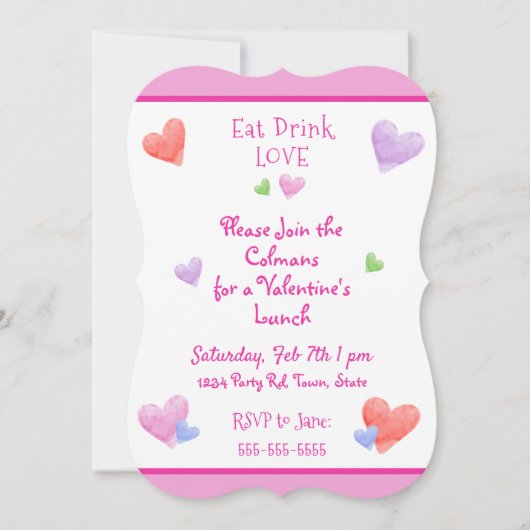 EAT DRINK LOVE Valentines Fun Watercolor Hearts Kaart (Voorkant)