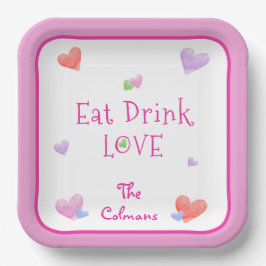 EAT DRINK LOVE Valentines Fun Watercolor Hearts Papieren Bordje