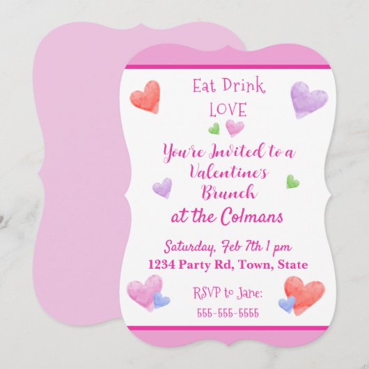 EAT DRINK LOVE Valentines Watercolor Hearts Kaart (Voorkant / Achterkant)