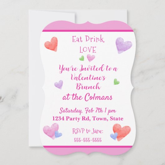 EAT DRINK LOVE Valentines Watercolor Hearts Kaart (Voorkant)