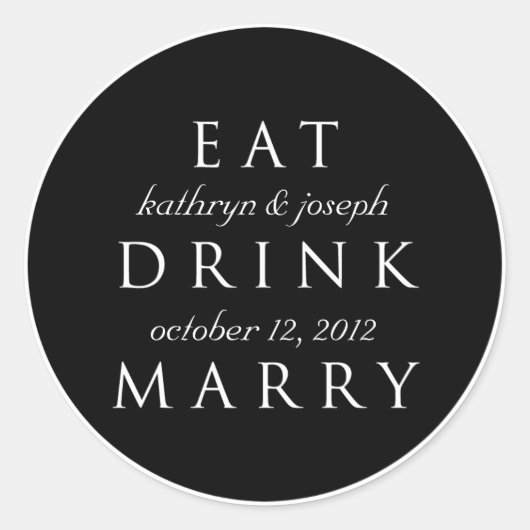 EAT DRINK MARRY zwart wit bruiloft gunst label (Voorkant)