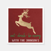 Eat-Drink: Merry Gold Reindeer Burgundy White Servet (Voorkant)