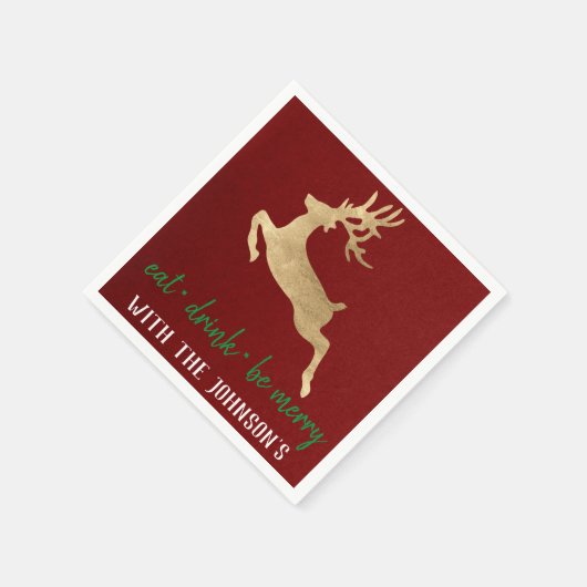 Eat-Drink: Merry Gold Reindeer Burgundy White Servet (Hoek)