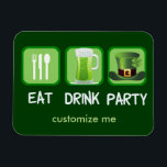 Eat Drink Party Funny St. Patrick's Day Magneet<br><div class="desc">Een coole Sint Patrick's day magnet met de woorden Eat Drink en Party naast het symbool voor eten,  een mok groen bier en een St. Paddy's day leprechaun pet.</div>
