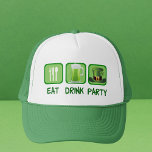 Eat Drink Party Funny St. Patrick's Day Trucker Pet<br><div class="desc">Een cool pet van St. Patrick met de woorden Eat Drink en Party naast het symbool voor eten,  een mok groen bier en een St. Paddy's day leprechaun pet.</div>