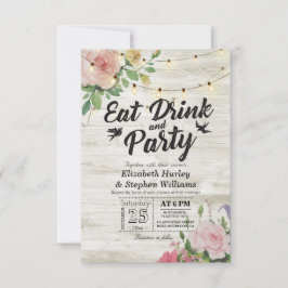 EAT Drink Party Rustic Floral String Light Wedding Kaart