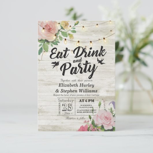 EAT Drink Party Rustic Floral String Light Wedding Kaart (Staand voorkant)