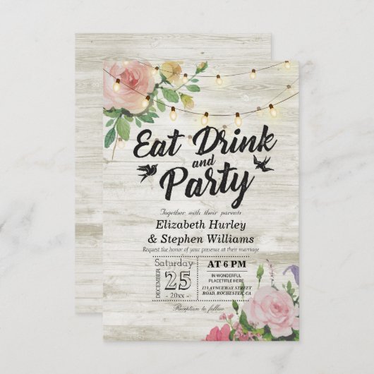 EAT Drink Party Rustic Floral String Light Wedding Kaart (Voorkant / Achterkant)