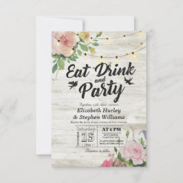 EAT Drink Party Rustic Floral String Light Wedding Kaart