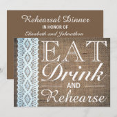Eat Drink & Rehearse Burlap Lace Rehearsal Dinner Kaart (Voorkant / Achterkant)