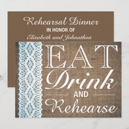 Eat Drink & Rehearse Burlap Lace Rehearsal Dinner Kaart (Voorkant / Achterkant)