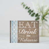 Eat Drink & Rehearse Burlap Lace Rehearsal Dinner Uitnodiging Briefkaart (Staand voorkant)