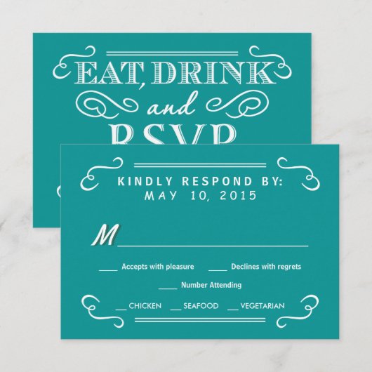 Eat Drink & RSVP Blauwgroen Blue Rustic Wedding Re Kaartje (Voorkant / Achterkant)