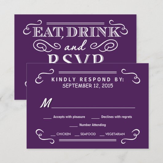 Eat Drink & RSVP Eggplant Paars Wedding Reply (Voorkant / Achterkant)