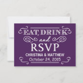 Eat Drink & RSVP Eggplant Paars Wedding Reply Kaartje (Achterkant)