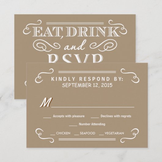 Eat Drink & RSVP Sandalwood Tan Wedding Reply Kaartje (Voorkant / Achterkant)