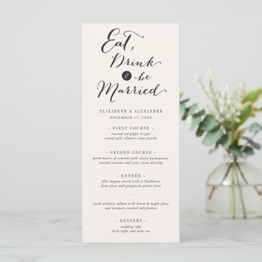 Eat Drink & wees getrouwd Trendy Script Weddenscha Menu (Staand voorkant)