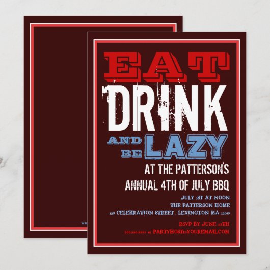 Eat, Drink & wees lui op 4 juli BBQ Party Kaart (Voorkant / Achterkant)