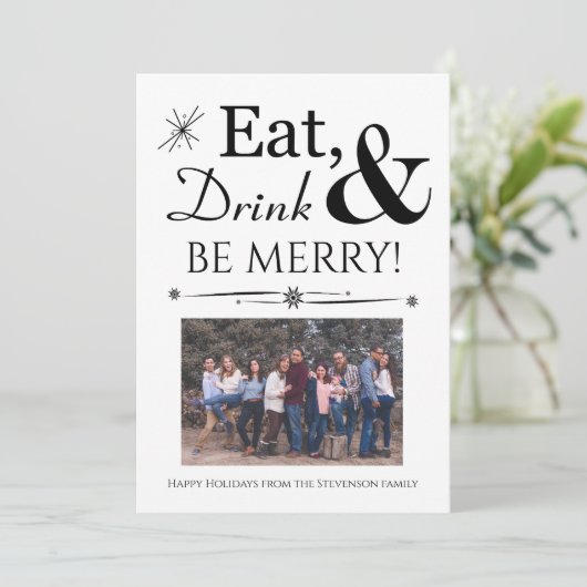 Eat Drink Wees Merry Retro Black White Kerstmis Kaart (Staand voorkant)