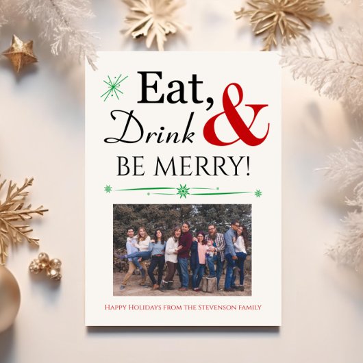 Eat Drink Wees Merry Retro Red Green Kerstfoto Kaart