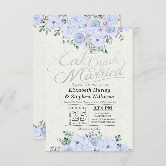 EAT Drink worden getrouwd bruiloft bloemenzilver s Kaart (Voorkant / Achterkant)