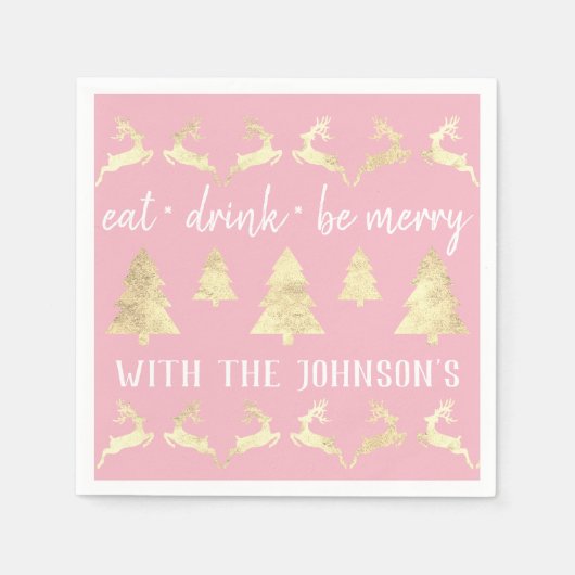 Eat Drink zijn Merry White Gold Reindeers Roze Whi Servet (Voorkant)