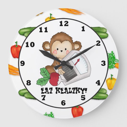 Eat Healthy Monkey cartoon wall klok (Voorkant)