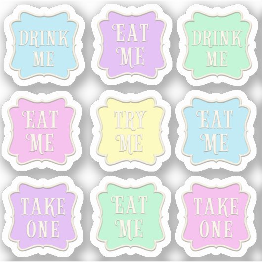 "Eat me" "Drink me" Wonderland Tea Party set of 9 Sticker (Voorkant)