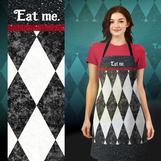 EAT ME gekke aanpasbare tekst Harlequin Argyle Schort