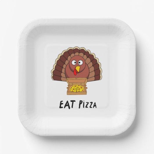 Eat Pizza met Thanksgiving Turkije Papieren Bordje (Voorkant)
