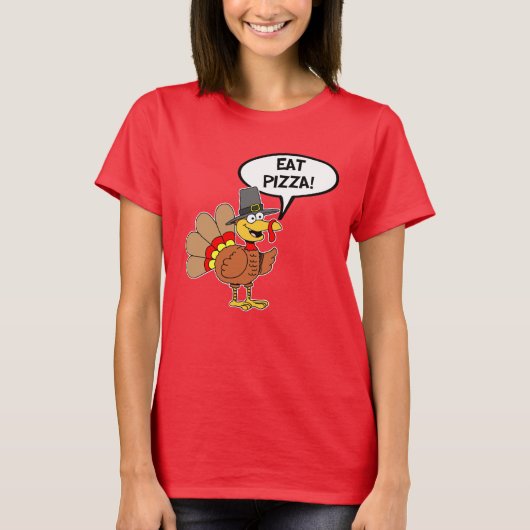 Eat Pizza Thanksgiving Turkey Pilgrim Cartoon T-shirt (Voorkant)