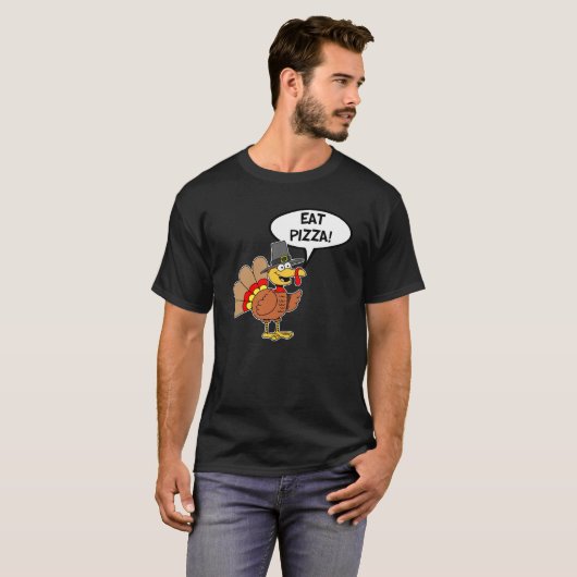 Eat Pizza Thanksgiving Turkey Pilgrim Cartoon T-shirt (Voorkant volledig)