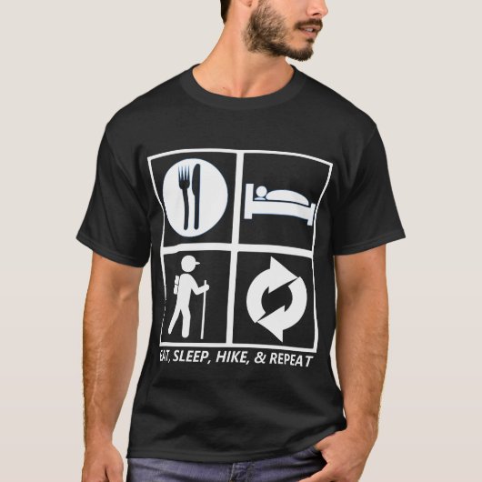 EAT, SLAP, HIKE EN HERHAAL T-SHIRT (Voorkant)