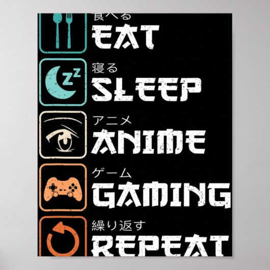 Eat Sleep Anime Gaming Herhaal Fun Otaku Gamer Poster (Voorkant)