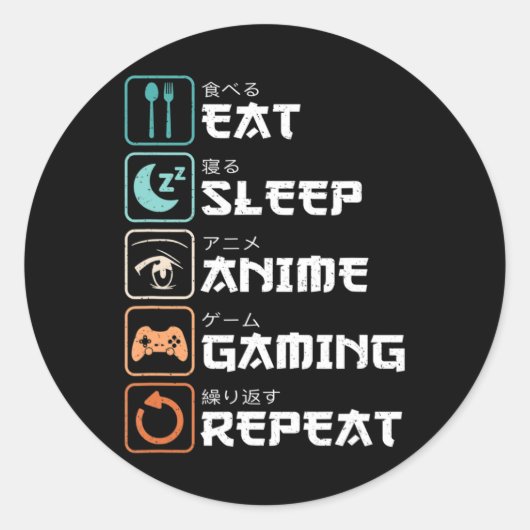 Eat Sleep Anime Gaming Herhaal Fun Otaku Gamer Ronde Sticker (Voorkant)