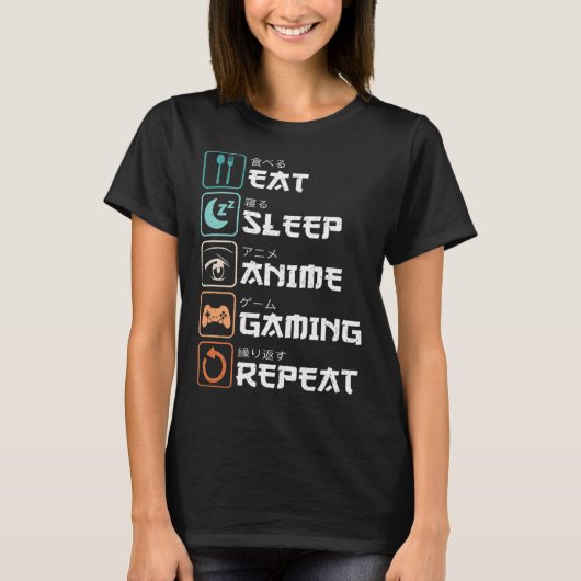 Eat Sleep Anime Gaming Herhaal Fun Otaku Gamer T-shirt (Voorkant)
