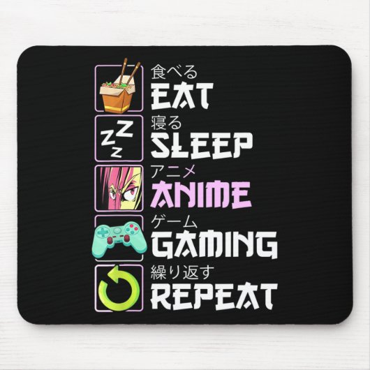 Eat Sleep Anime Gaming Herhaal Kawaii Otaku Anime Muismat (Voorkant)