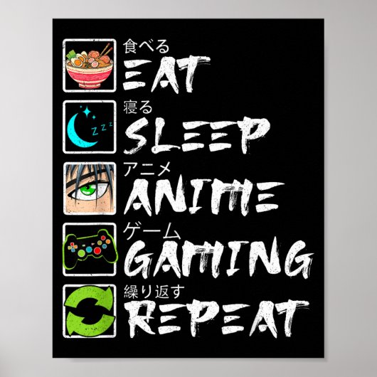 Eat Sleep Anime Gaming Repeat Gamer Men Teen Boy A Poster (Voorkant)