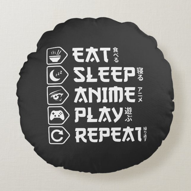 Eat Sleep Anime Play Repeat Otaku Anime Lifestyle Rond Kussen (Voorkant)